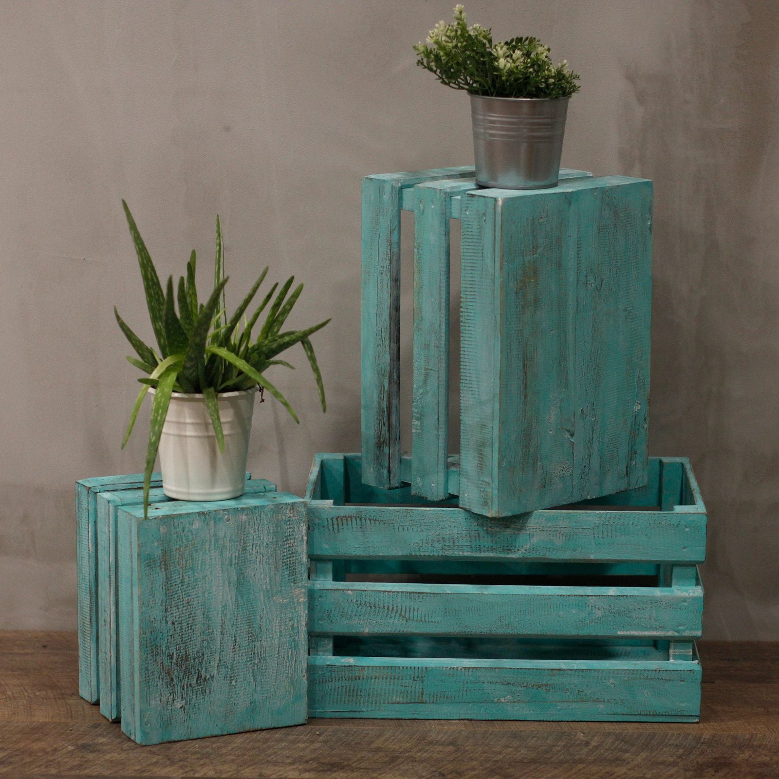 Rustic Wooden Nesting Storage Crates – Greenwashed (Set of 3) – detail view 2 of rustic wooden storage