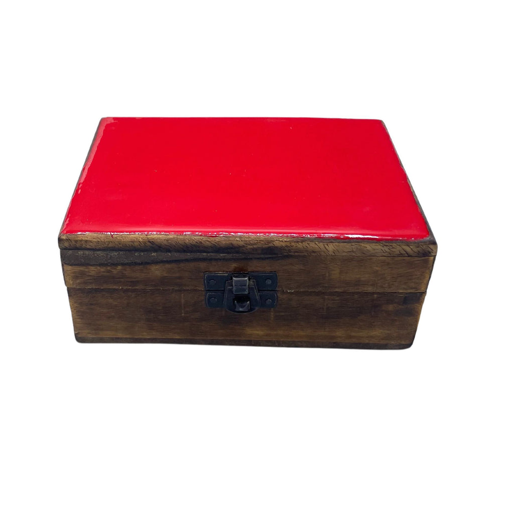 Medium Ceramic-Glazed Wooden Keepsake Box – 15x10x6cm – Red – front product view of ceramic glazed wooden box