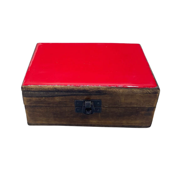 Medium Ceramic-Glazed Wooden Keepsake Box – 15x10x6cm – Red – front product view of ceramic glazed wooden box