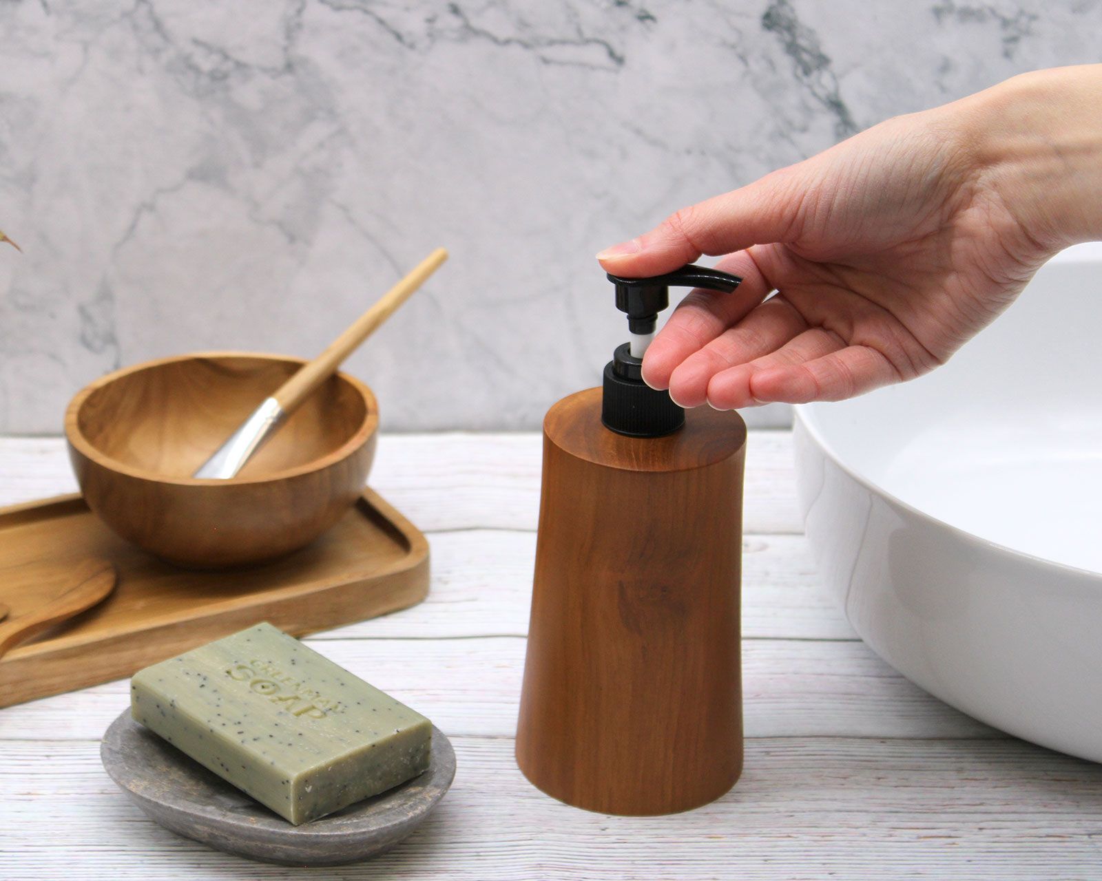 Natural Teak Wood Refillable Soap Dispenser – Taper – detail view 13 of teak soap dispenser