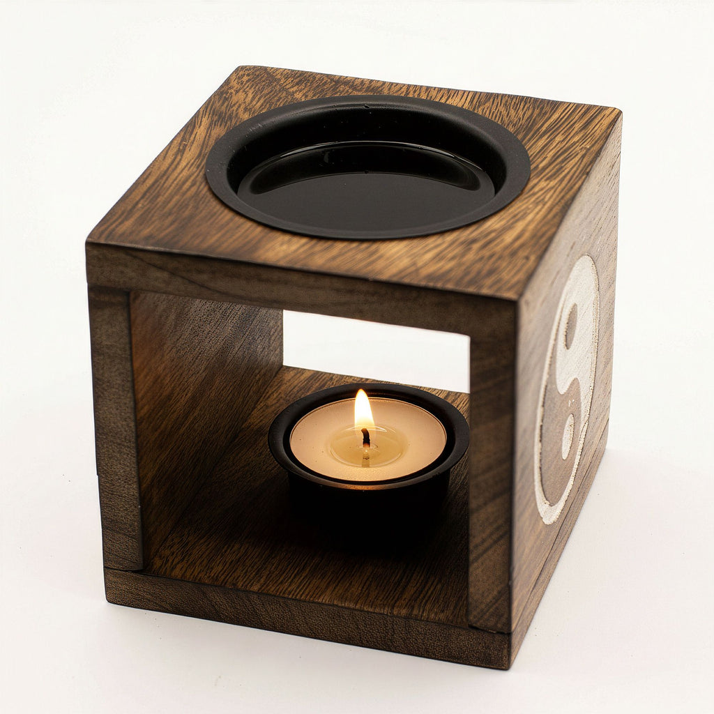 Square Mango Wood Oil Burner with Engraved Yin Yang – detail view 4