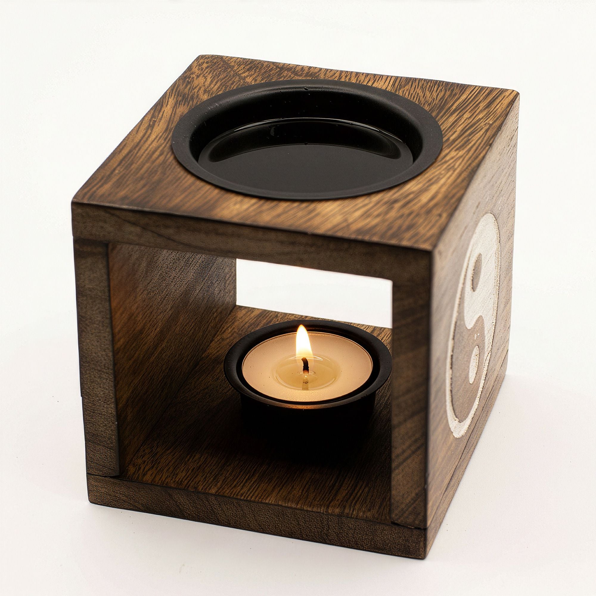 Square Mango Wood Oil Burner with Engraved Yin Yang – detail view 4