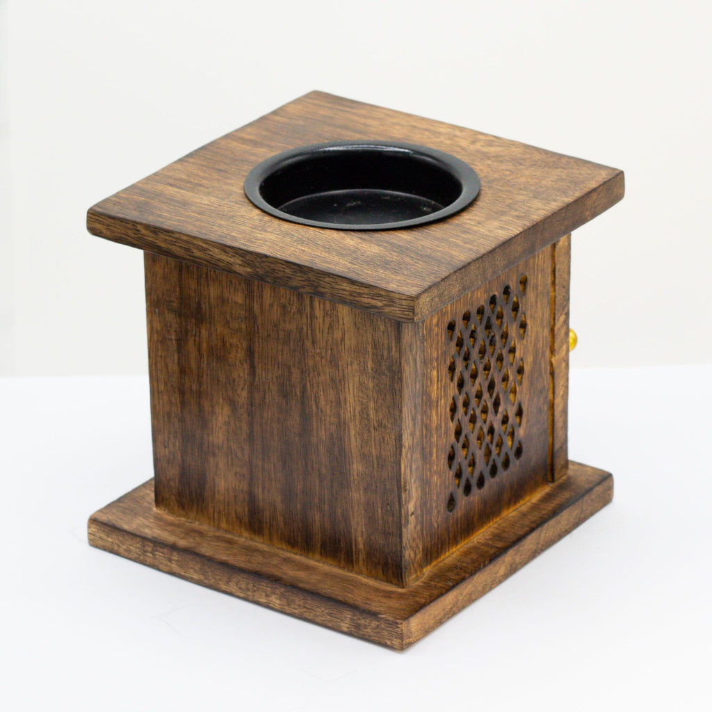 Large Elephant Mango Wood Box Burner – Handcrafted Wax & Essential Oil – product view in wood and  metal