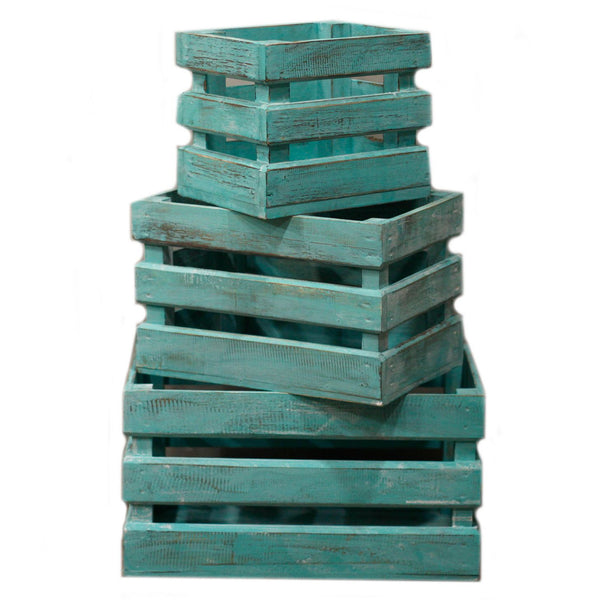Rustic Wooden Nesting Storage Crates – Greenwashed (Set of 3) – front product view of rustic wooden storage