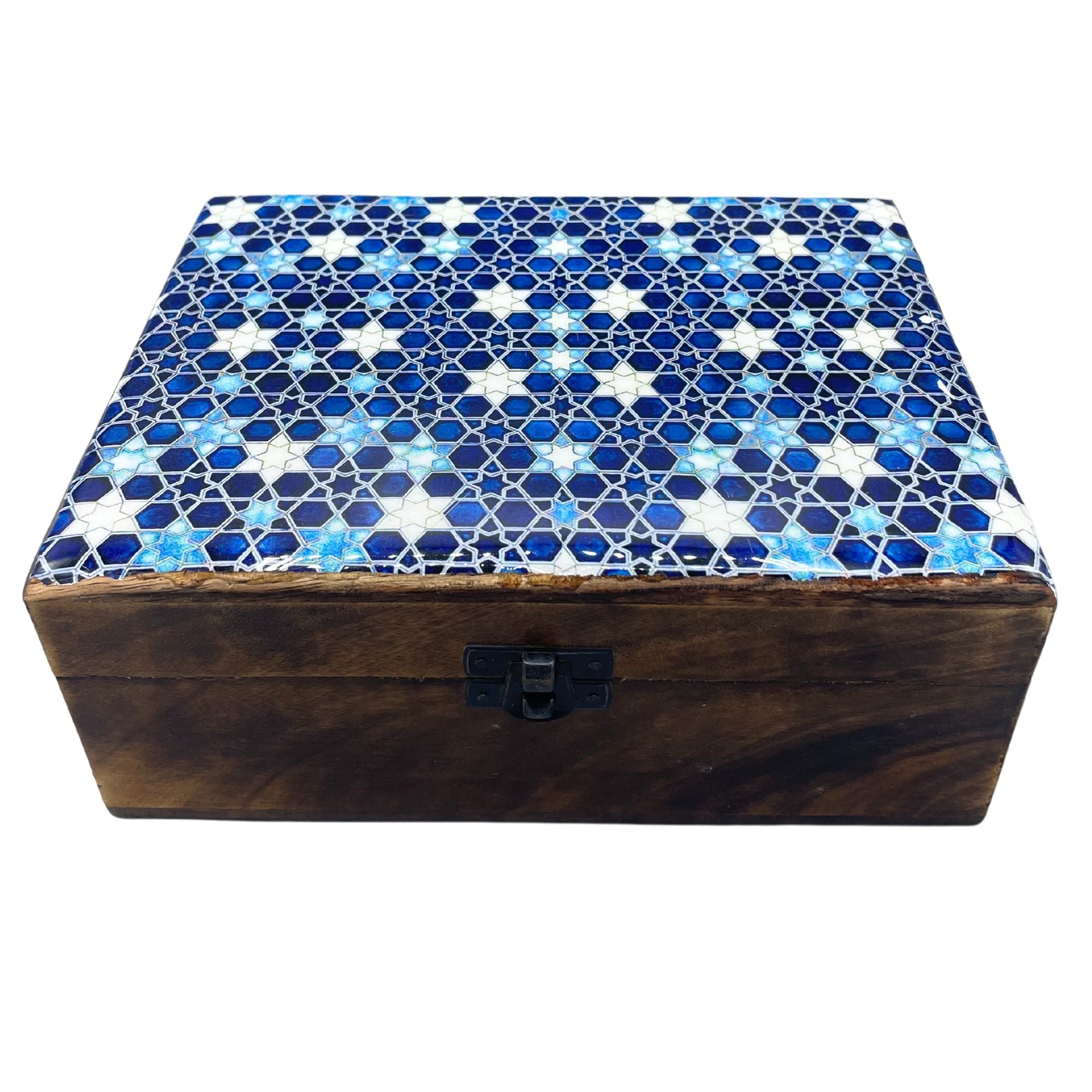 Large Ceramic-Glazed Wooden Keepsake Box – 20x15x7.5cm – Blue Stars – detail view 3 of ceramic glazed wooden box