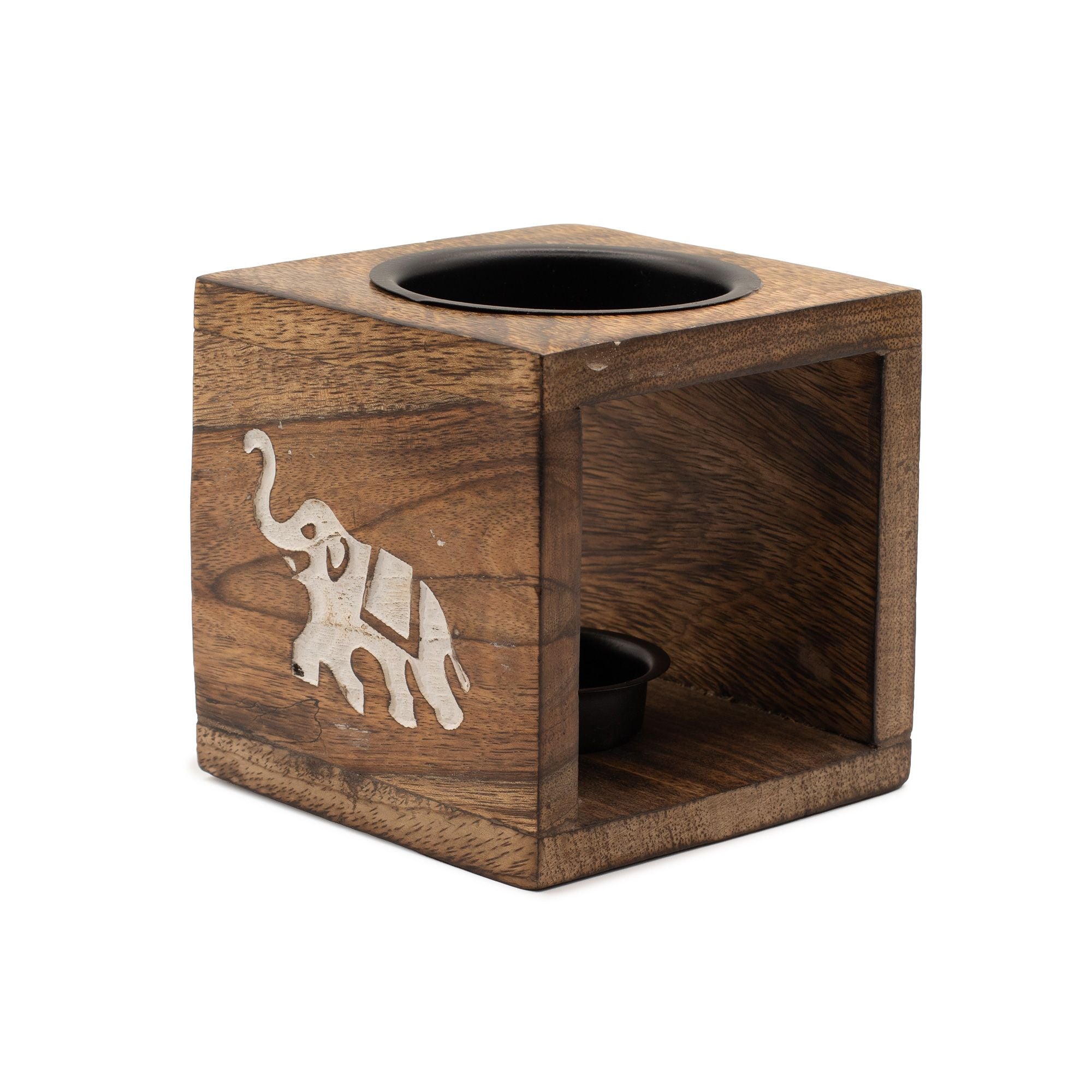 Handcrafted Elephant Square Mango Wood Oil Burner – Essential Oil & Wax – product view