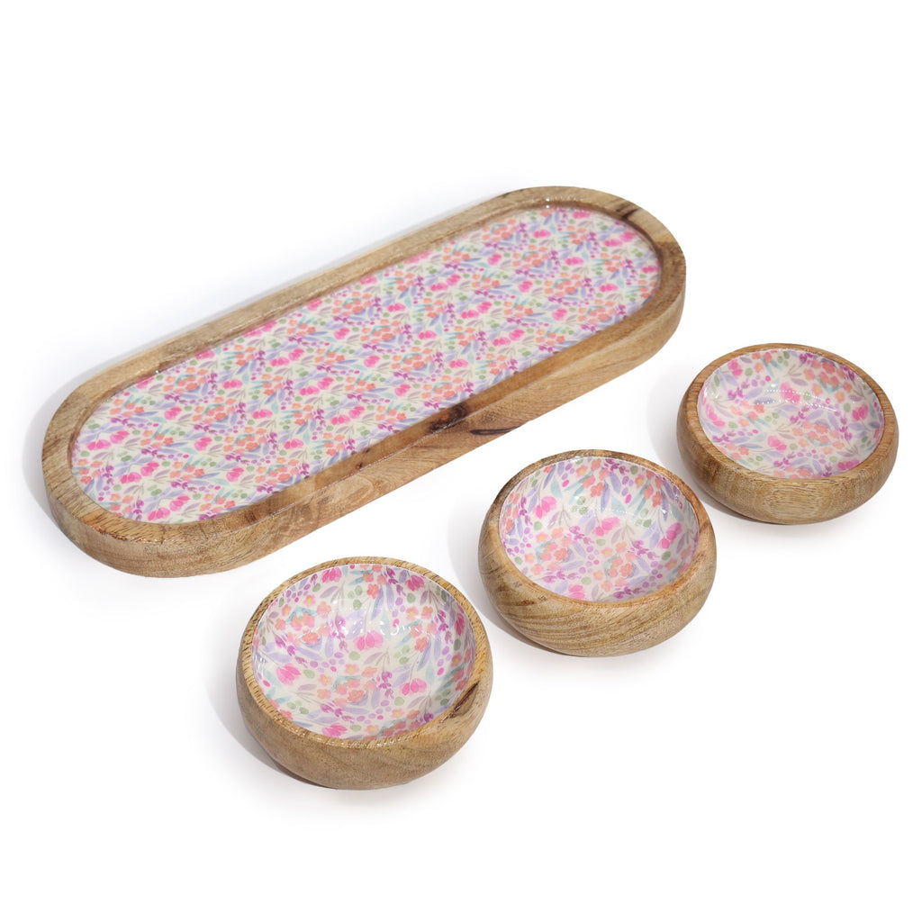 Handcrafted Mango Wood Tray with 3 Bowls – Floral Patterned Serving & Dip – detail view 4