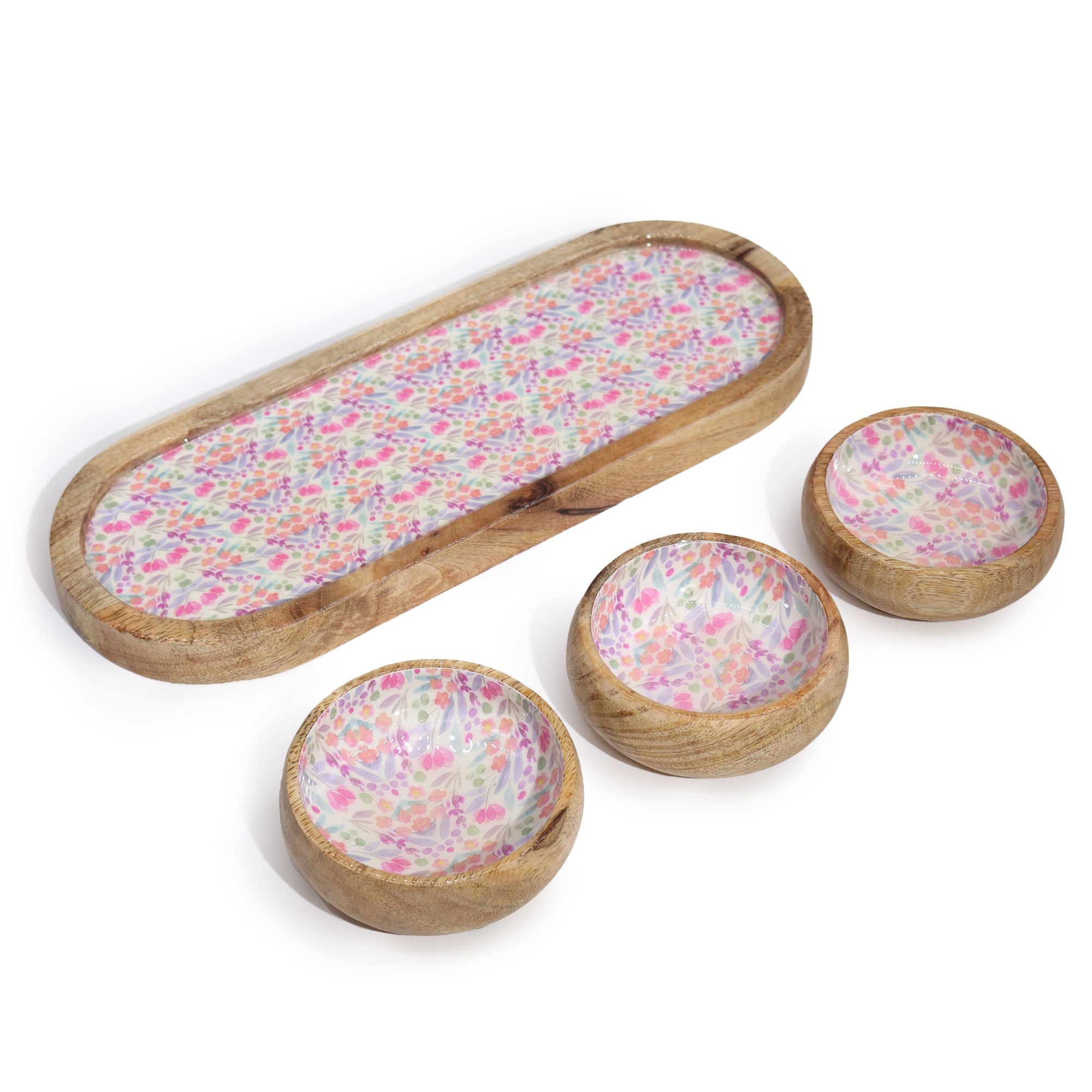 Handcrafted Mango Wood Tray with 3 Bowls – Floral Patterned Serving & Dip – detail view 4
