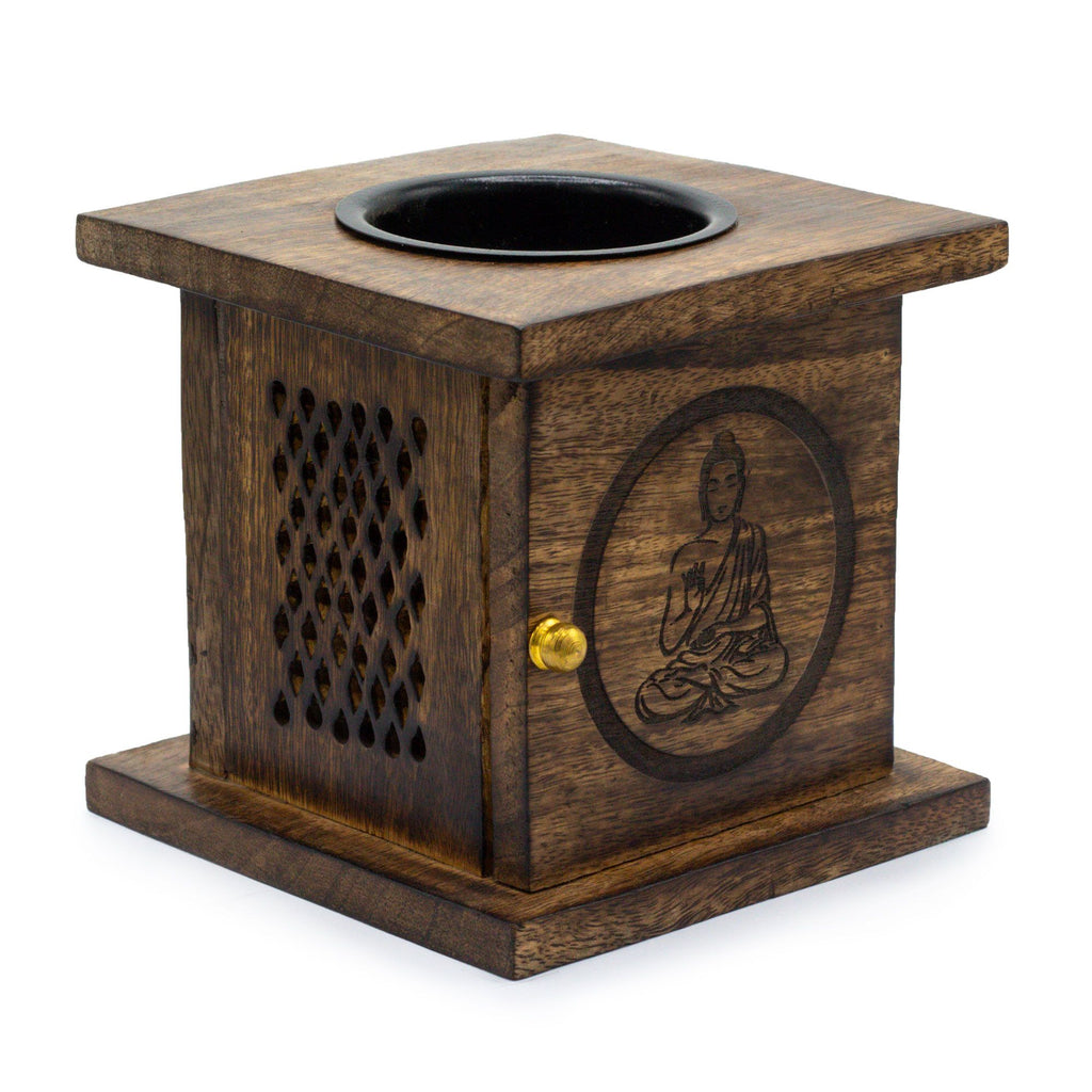 Large Buddha Mango Wood Box Burner – Handcrafted Wax & Essential Oil Warmer – detail view 3