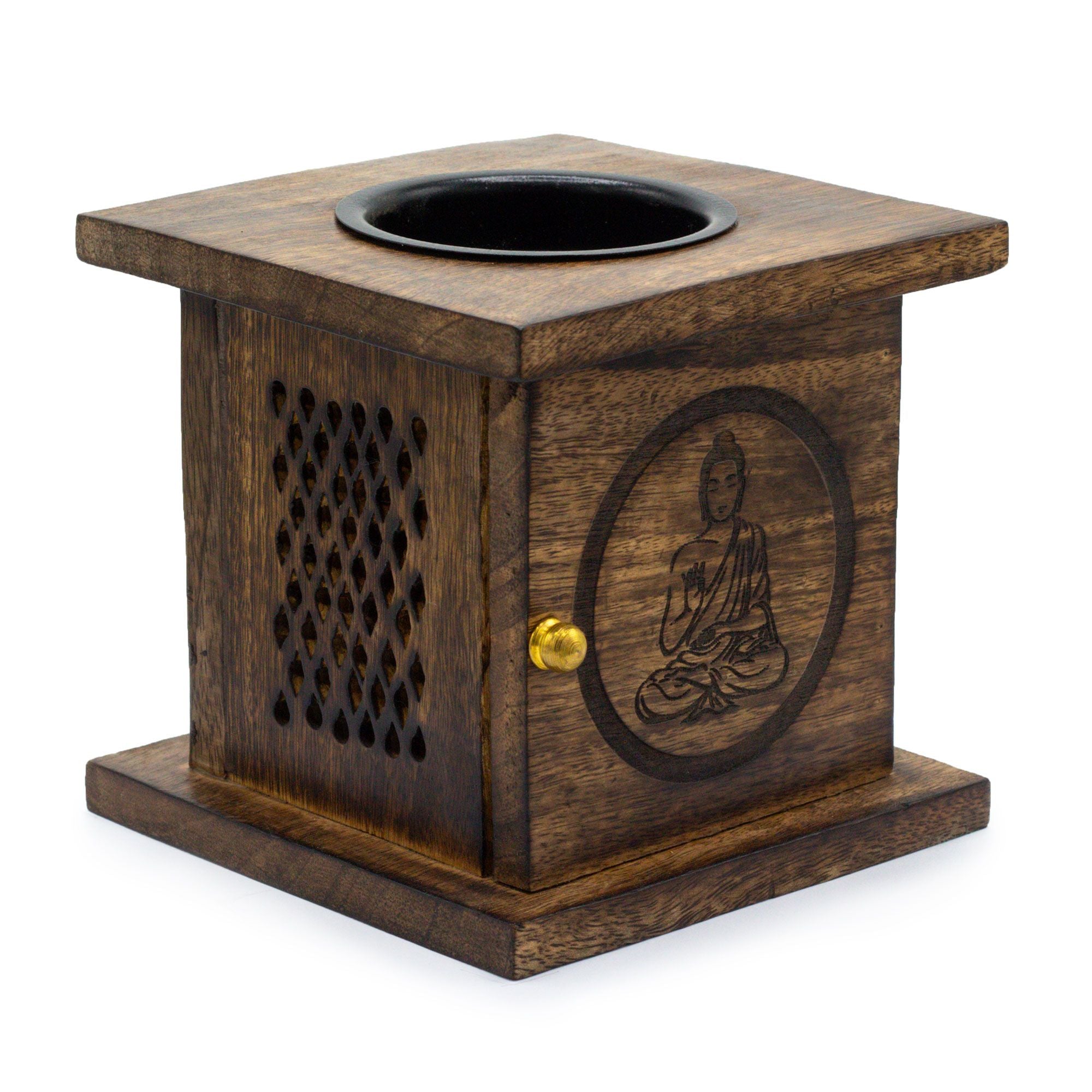 Large Buddha Mango Wood Box Burner – Handcrafted Wax & Essential Oil Warmer – detail view 3