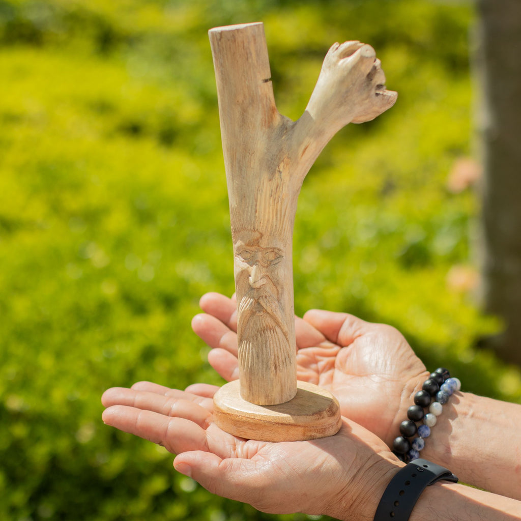 Hand-Carved Parasite Wood Greenman Sculpture – detail view 2