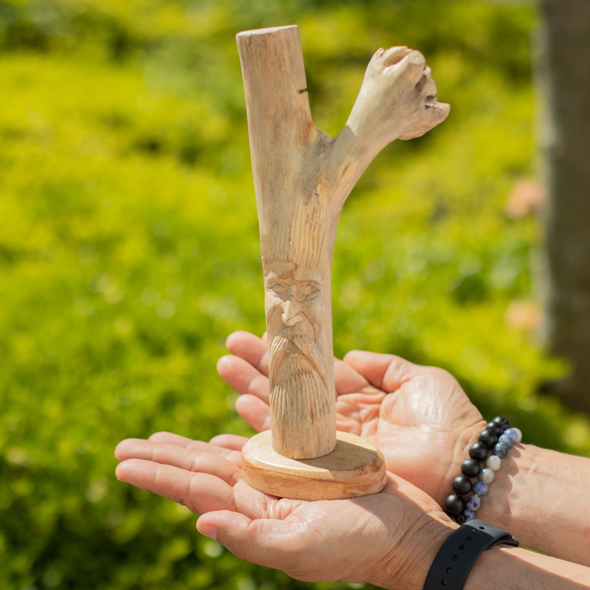Hand-Carved Parasite Wood Greenman Sculpture – detail view 2