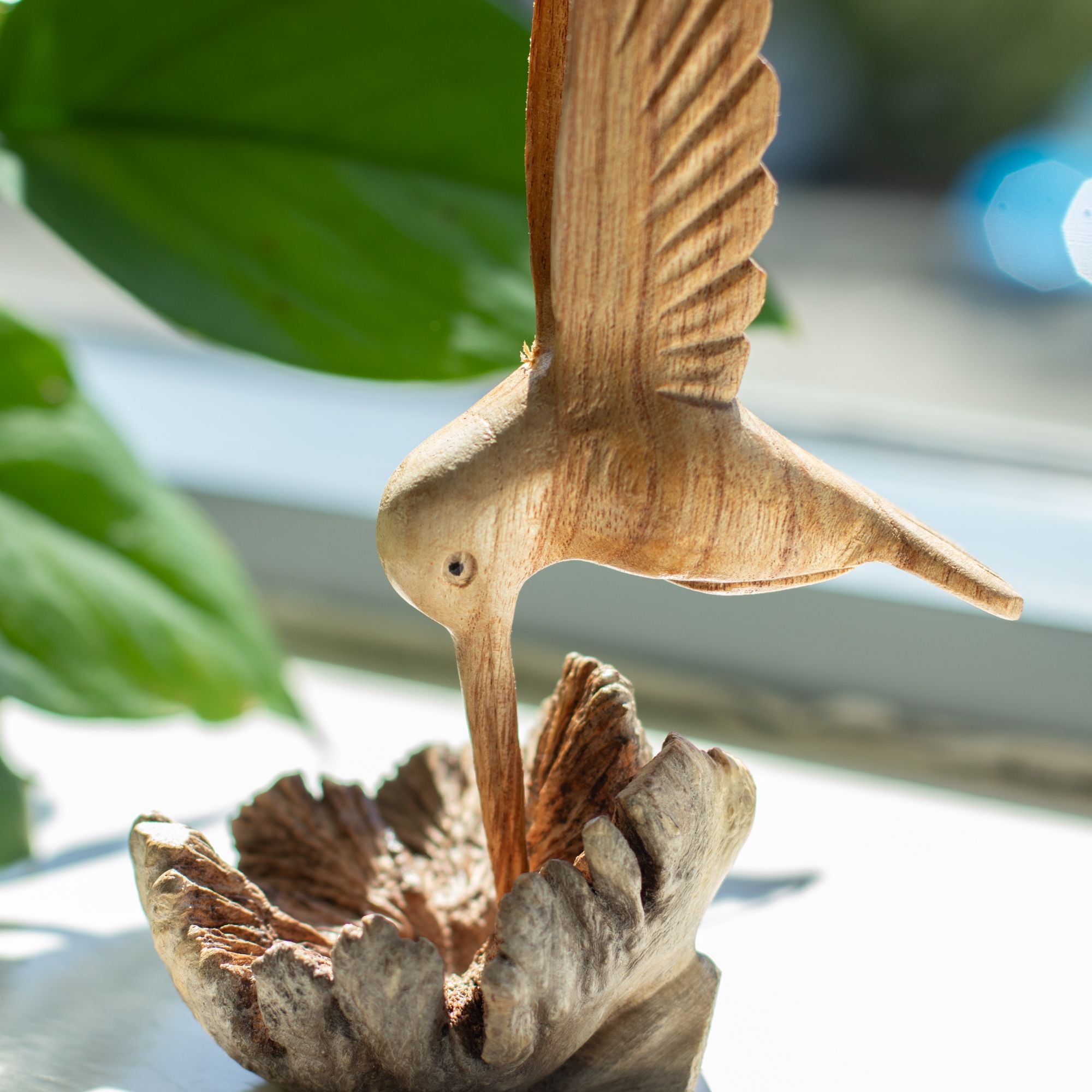 Hand-Carved Parasite Wood Hummingbird Sculpture – detail view 5
