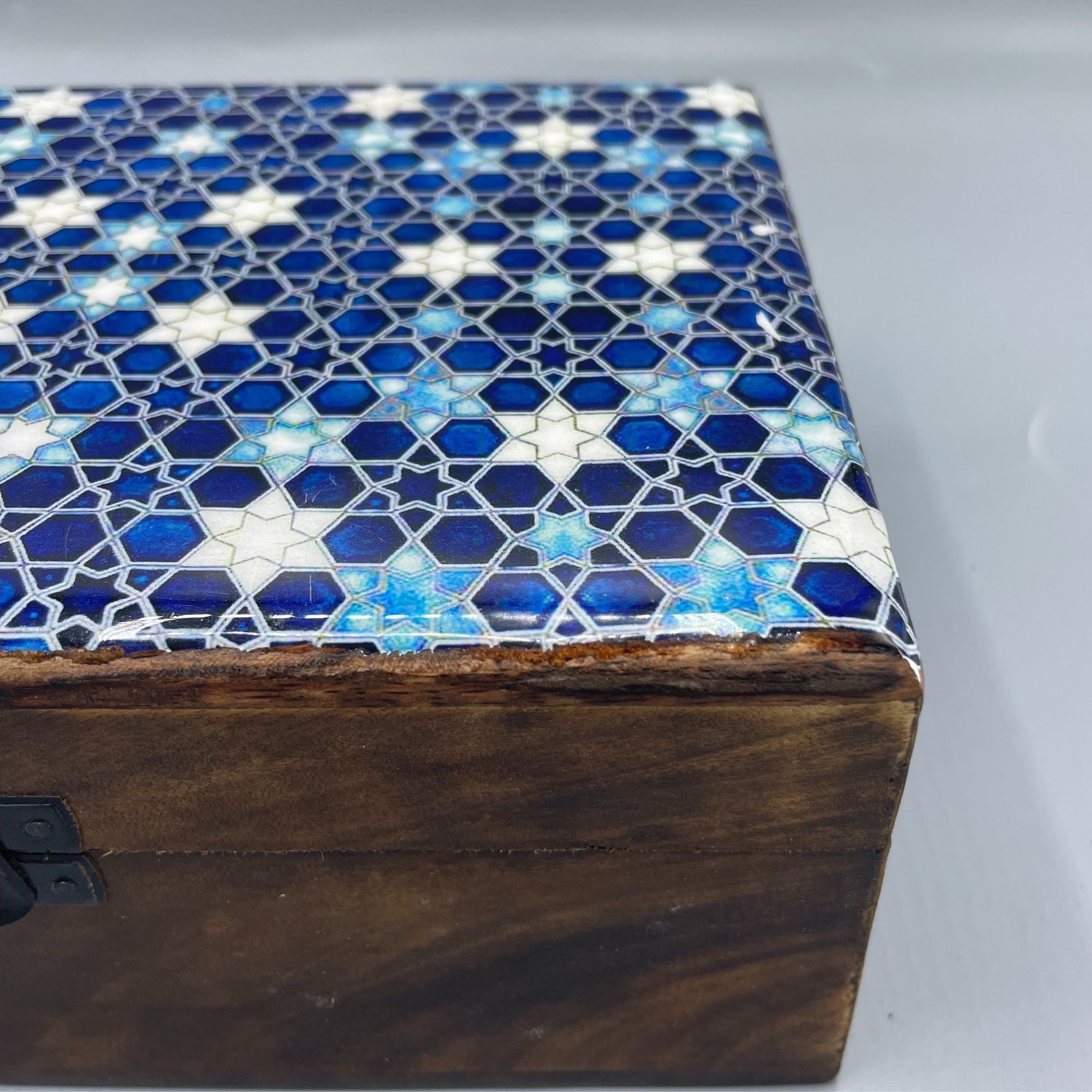 Large Ceramic-Glazed Wooden Keepsake Box – 20x15x7.5cm – Blue Stars – front product view of ceramic glazed wooden box