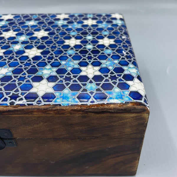 Large Ceramic-Glazed Wooden Keepsake Box – 20x15x7.5cm – Blue Stars – front product view of ceramic glazed wooden box