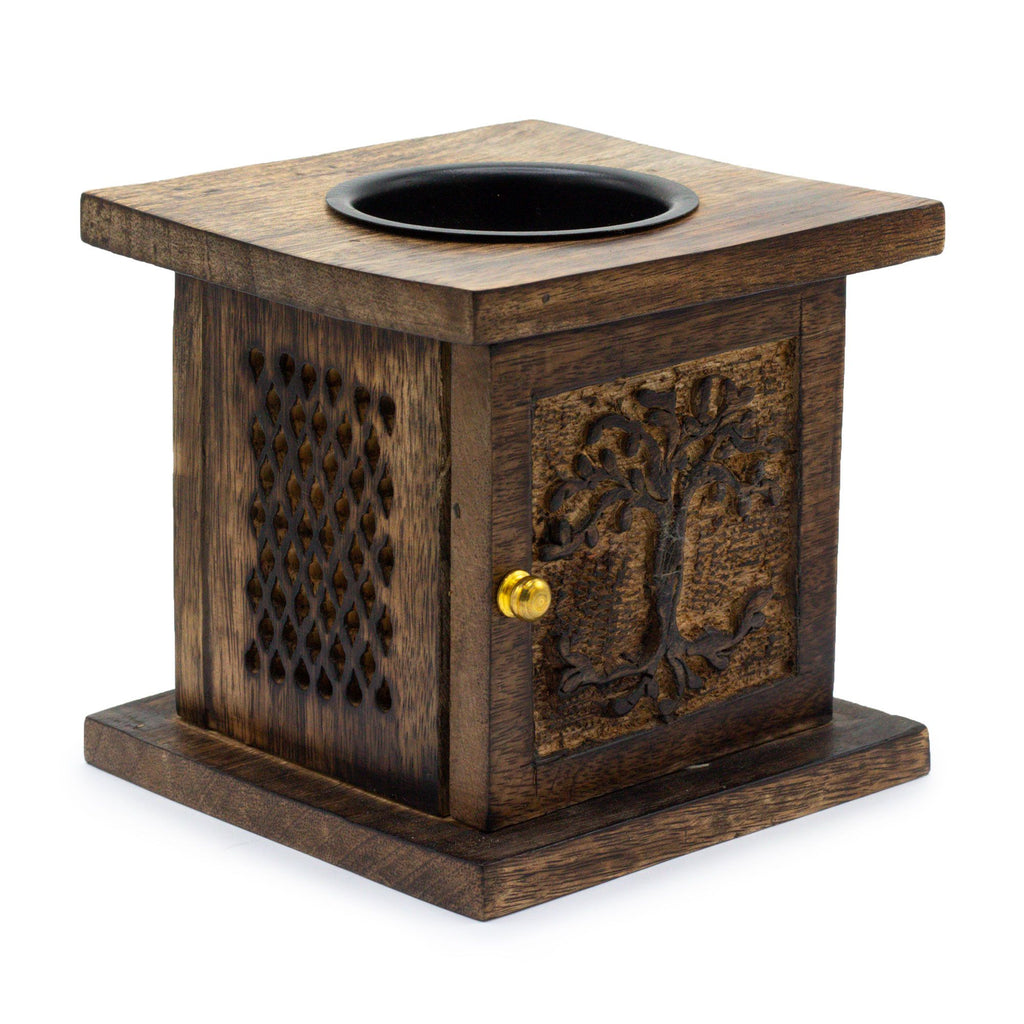 Large Tree of Life Mango Wood Incense Box Burner – Handcrafted Ash Catcher – detail view 4