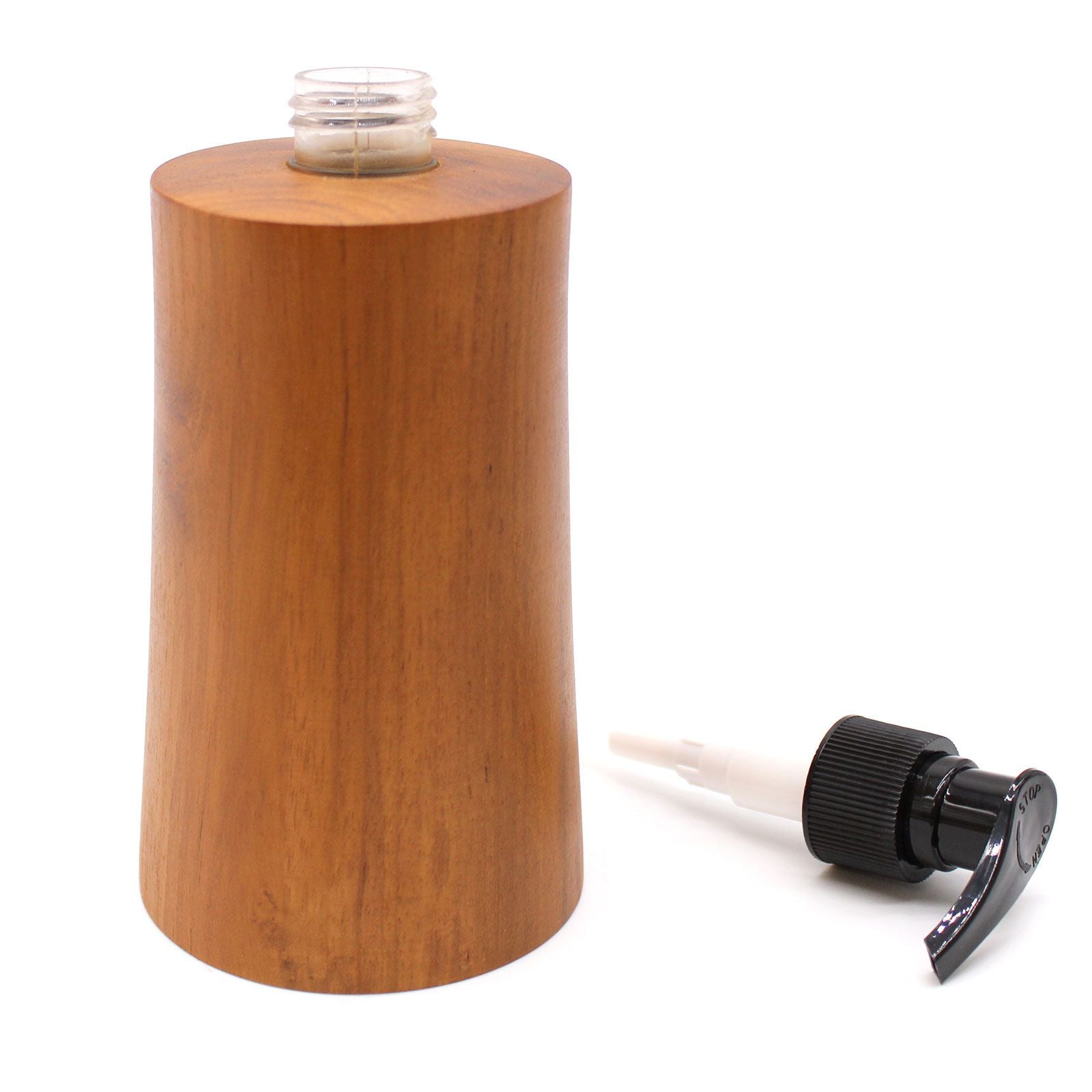 Natural Teak Wood Refillable Soap Dispenser – Taper – detail view 2 of teak soap dispenser