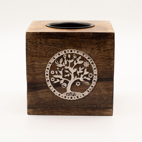 Large Square Mango Wood Oil Burner with Engraved Tree of Life – product view