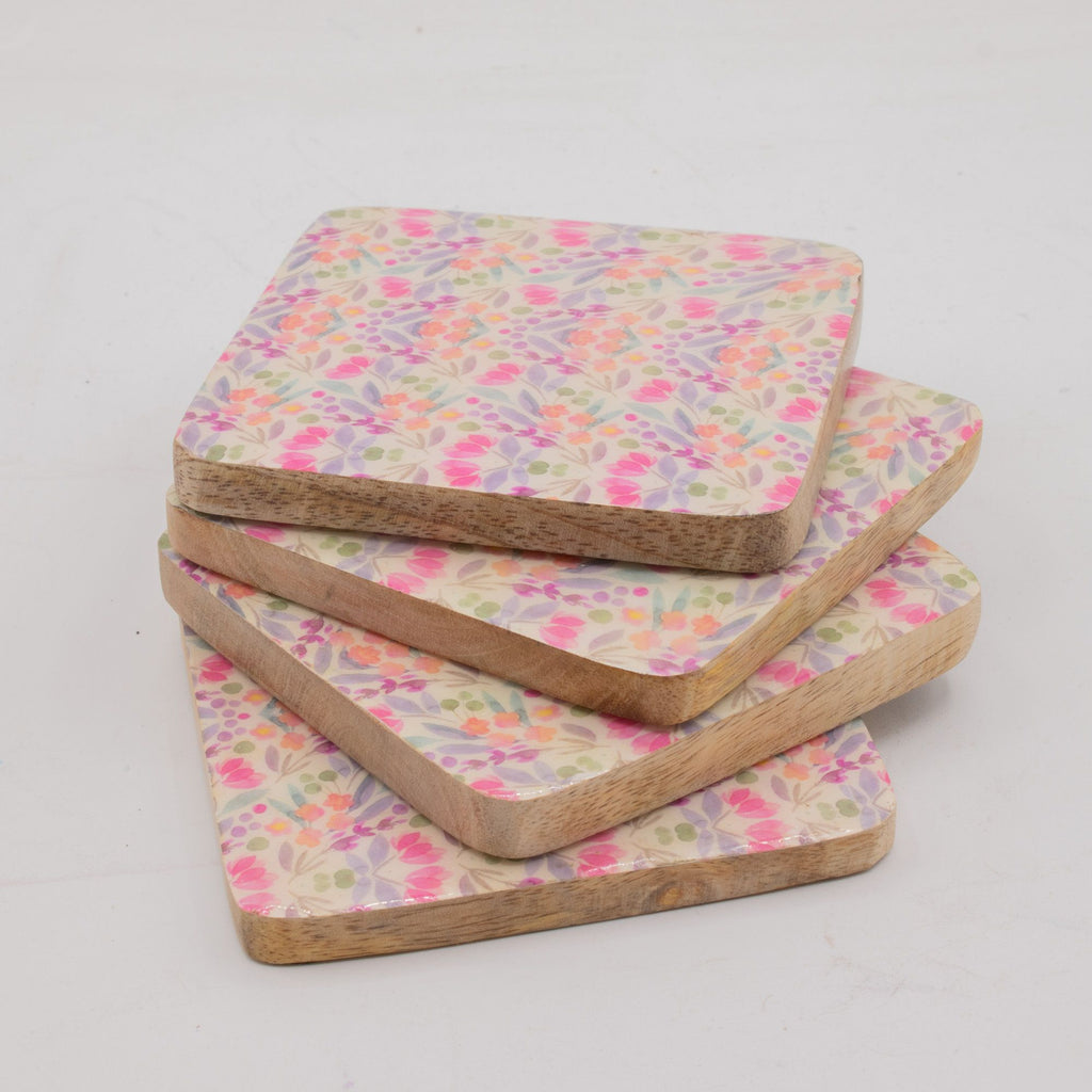 Set of 4 Square Coasters – Pretty Floral – detail view 7 of mango wood tableware