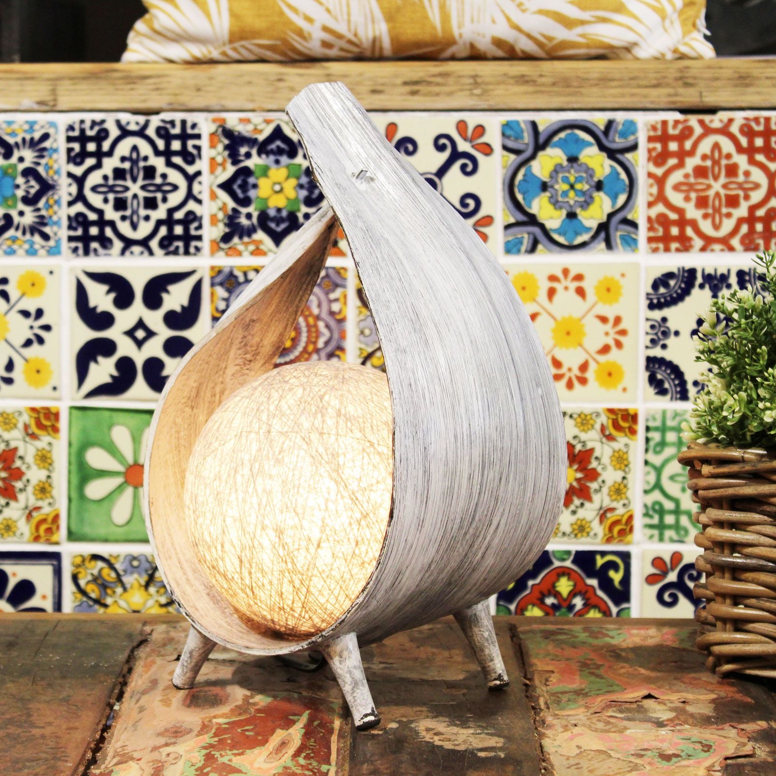 Natural Coconut Lamp - Greywash Wrapover – Boho Table Light – detail view 3 in wood