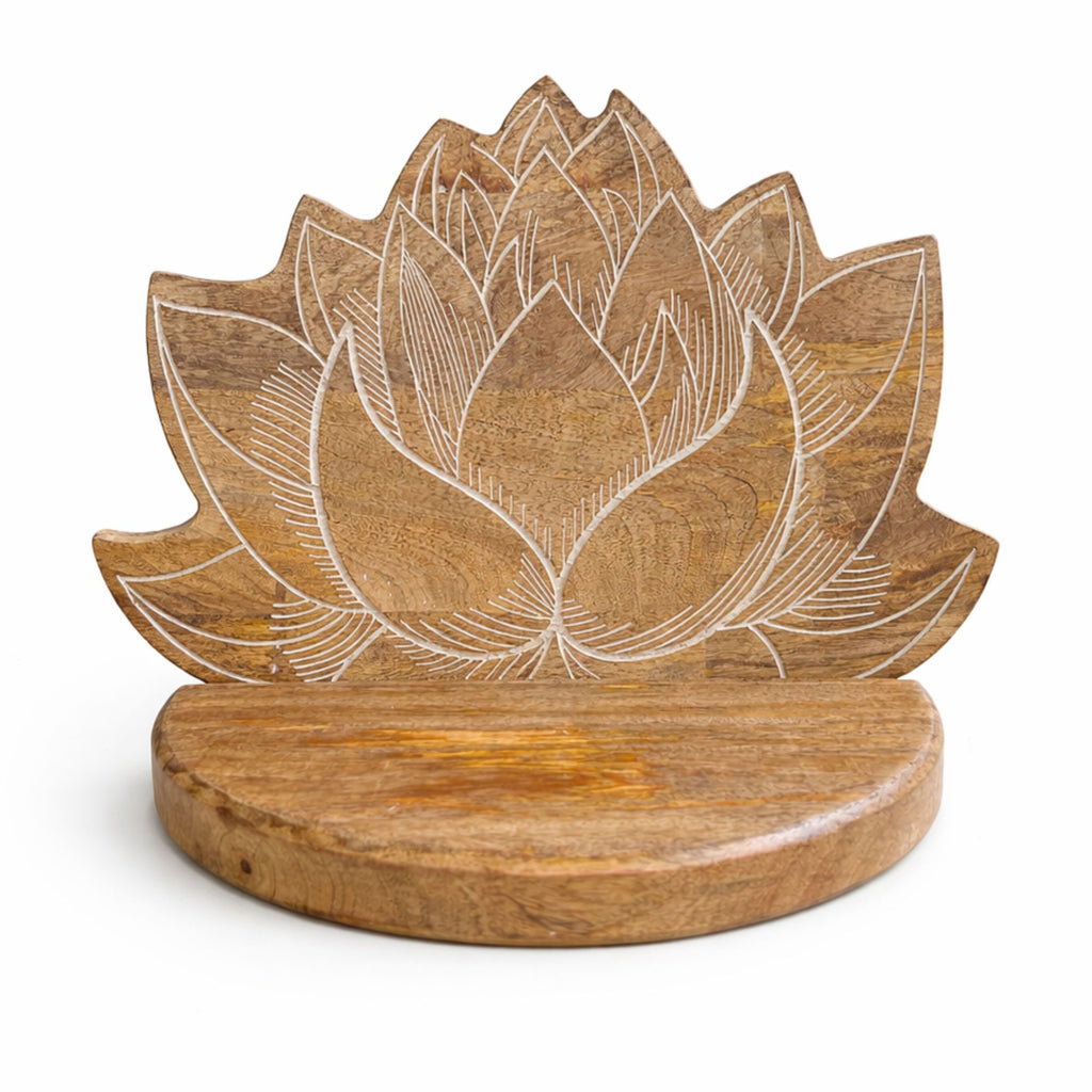 Lotus Flower Wooden Wall Mounted Shelf in Whitewash Finish – detail view 2