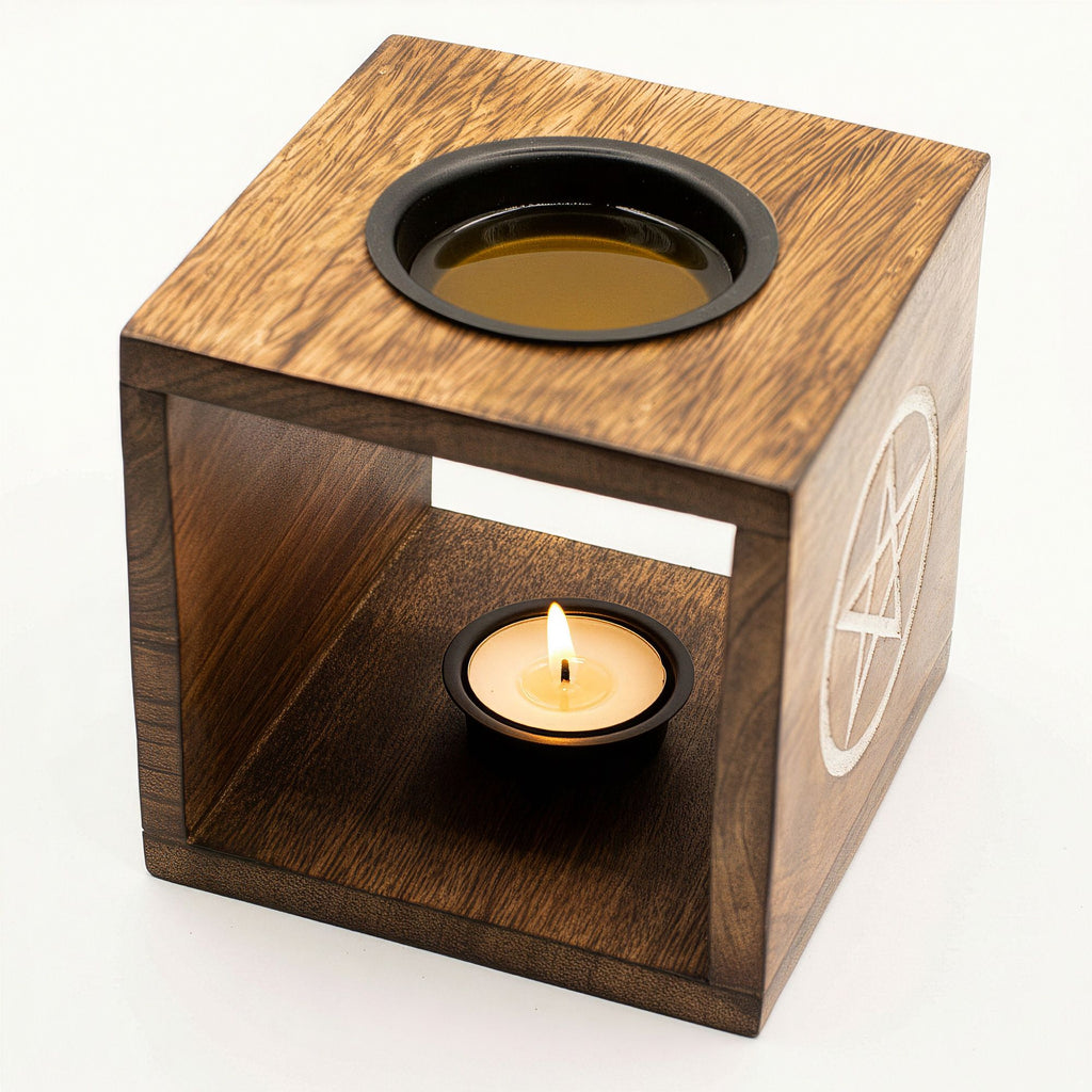 Large Square Mango Wood Oil Burner with Engraved Tree of Life – detail view 3