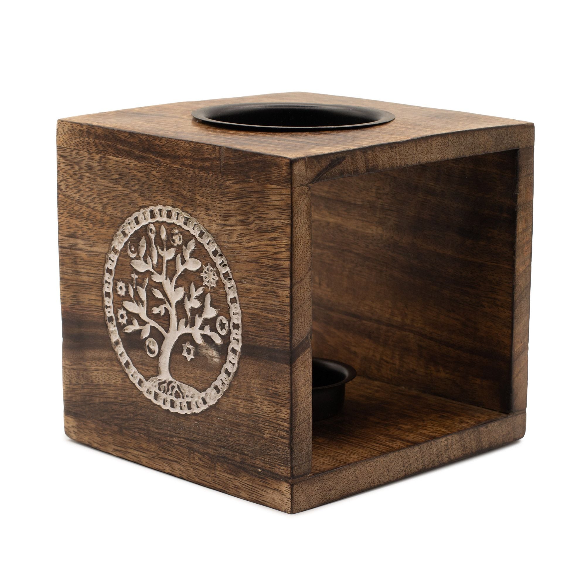 Large Square Mango Wood Oil Burner with Engraved Tree of Life – detail view 4