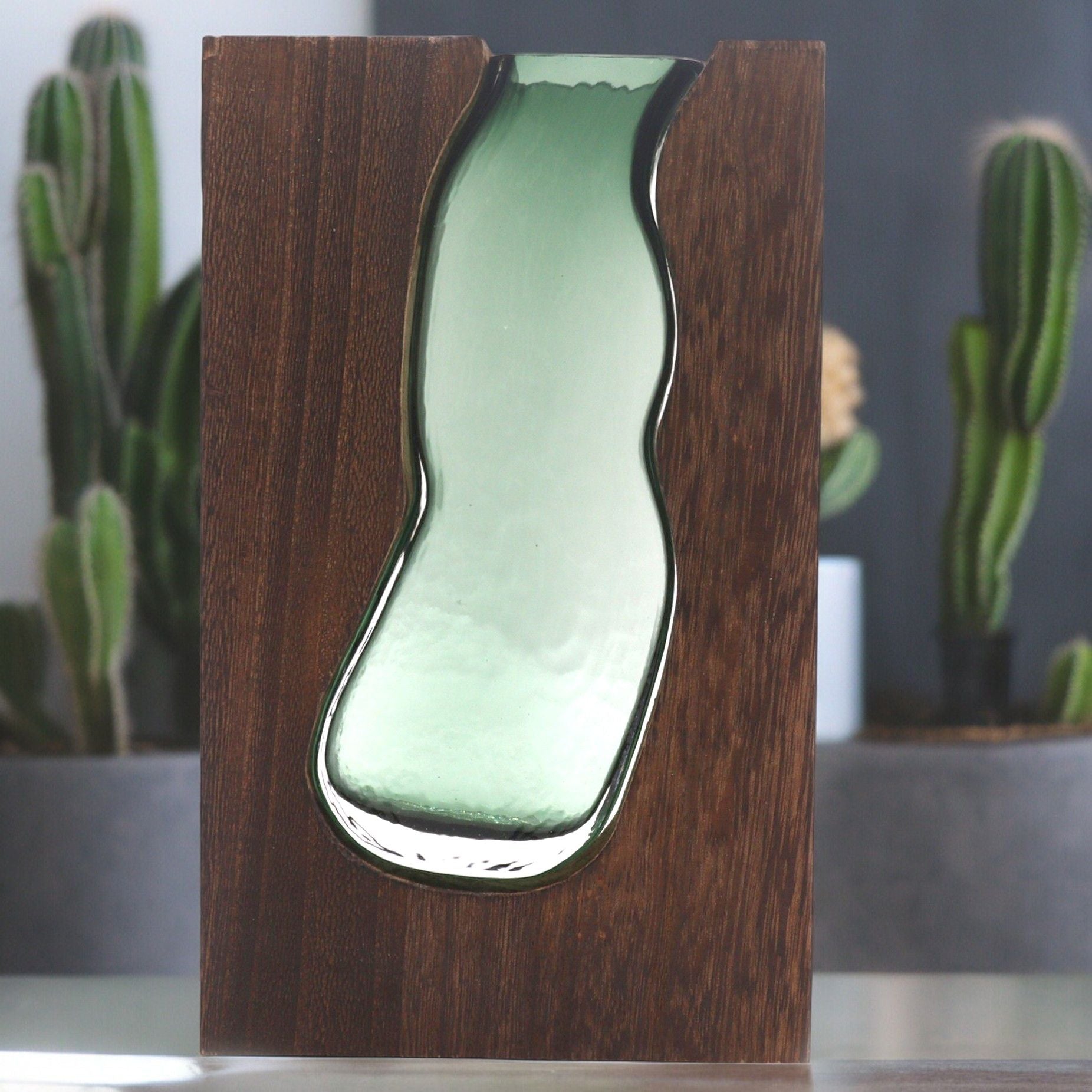 Large Glass Vase/Terrarium inside Dark Tungwood – detail view 2 of glass terrarium