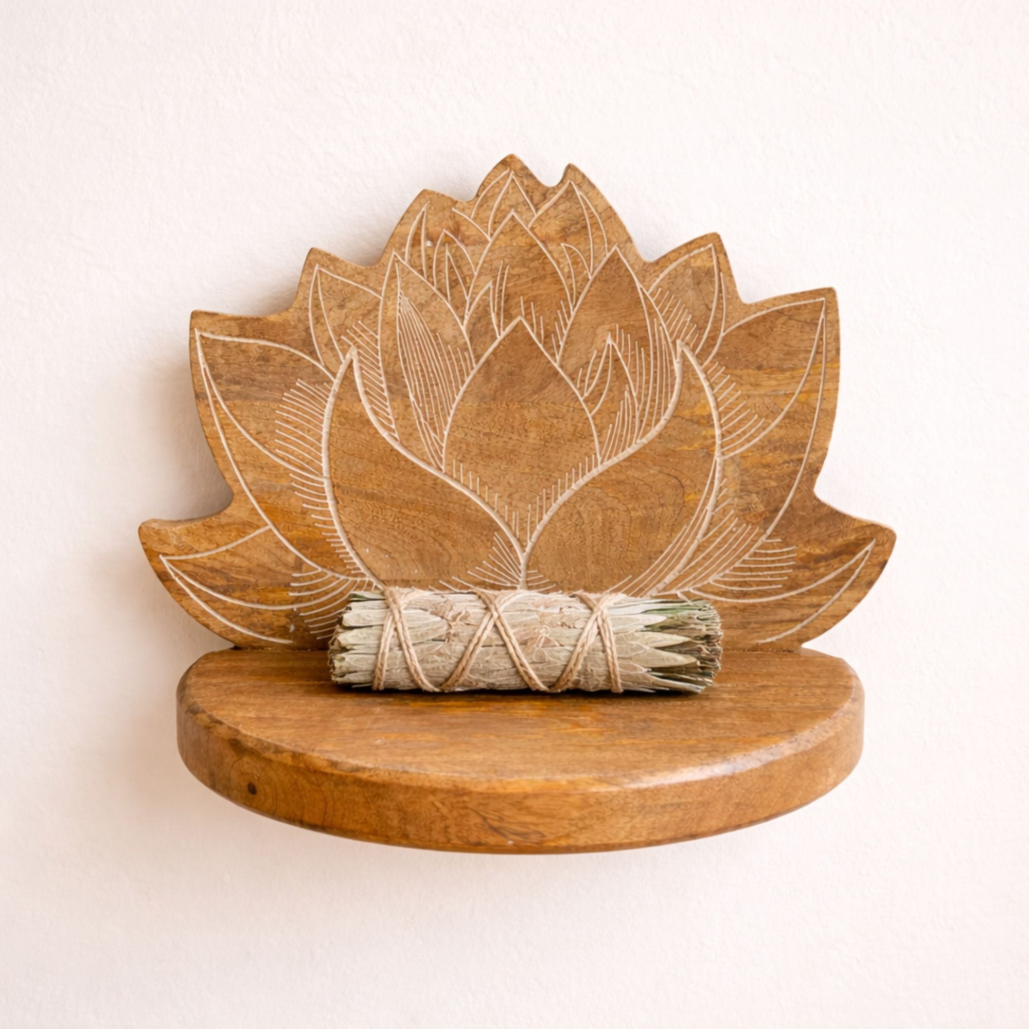 Lotus Flower Wooden Wall Mounted Shelf in Whitewash Finish – product view
