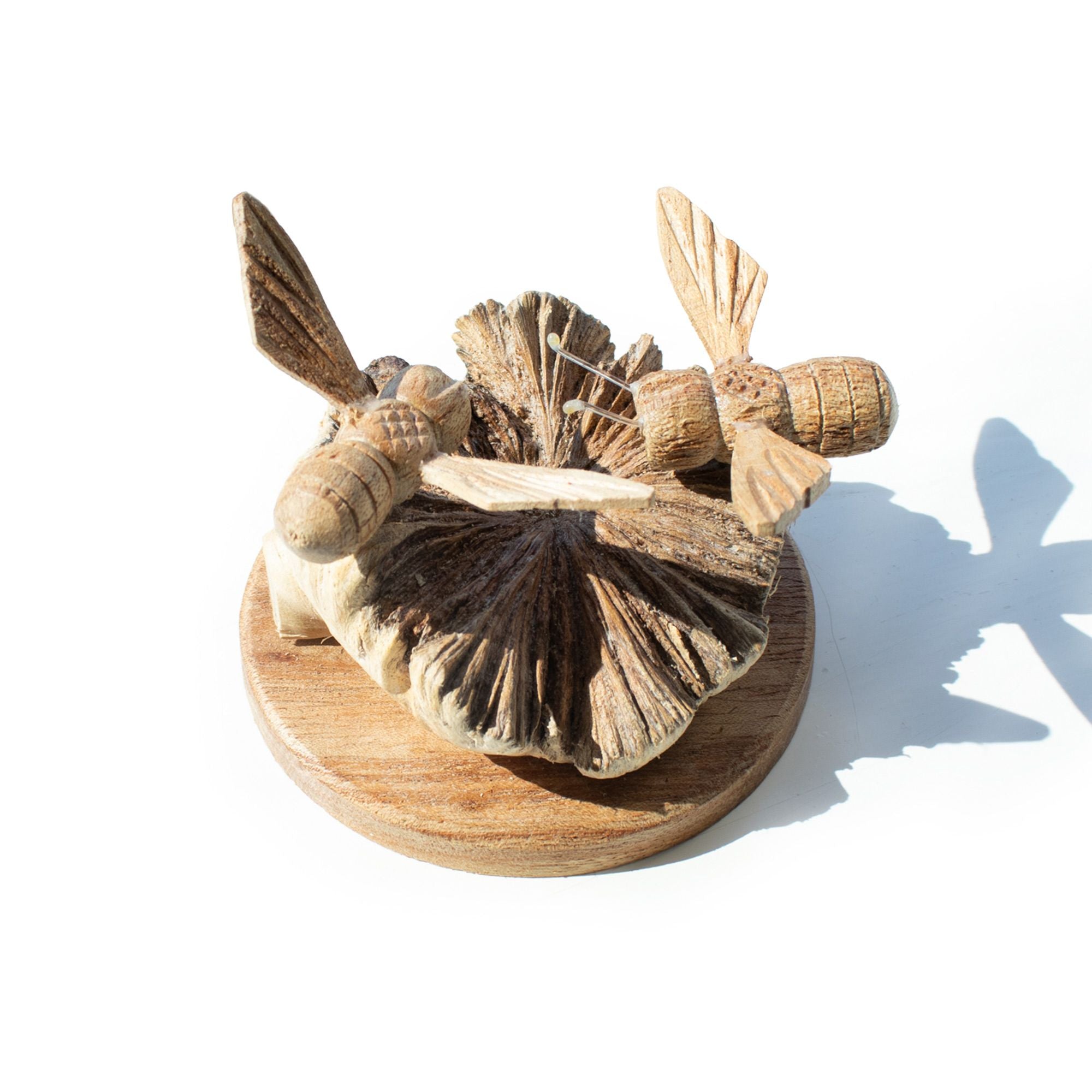 Hand-Carved Parasite Wood Beehive and Bees Sculpture – detail view 3