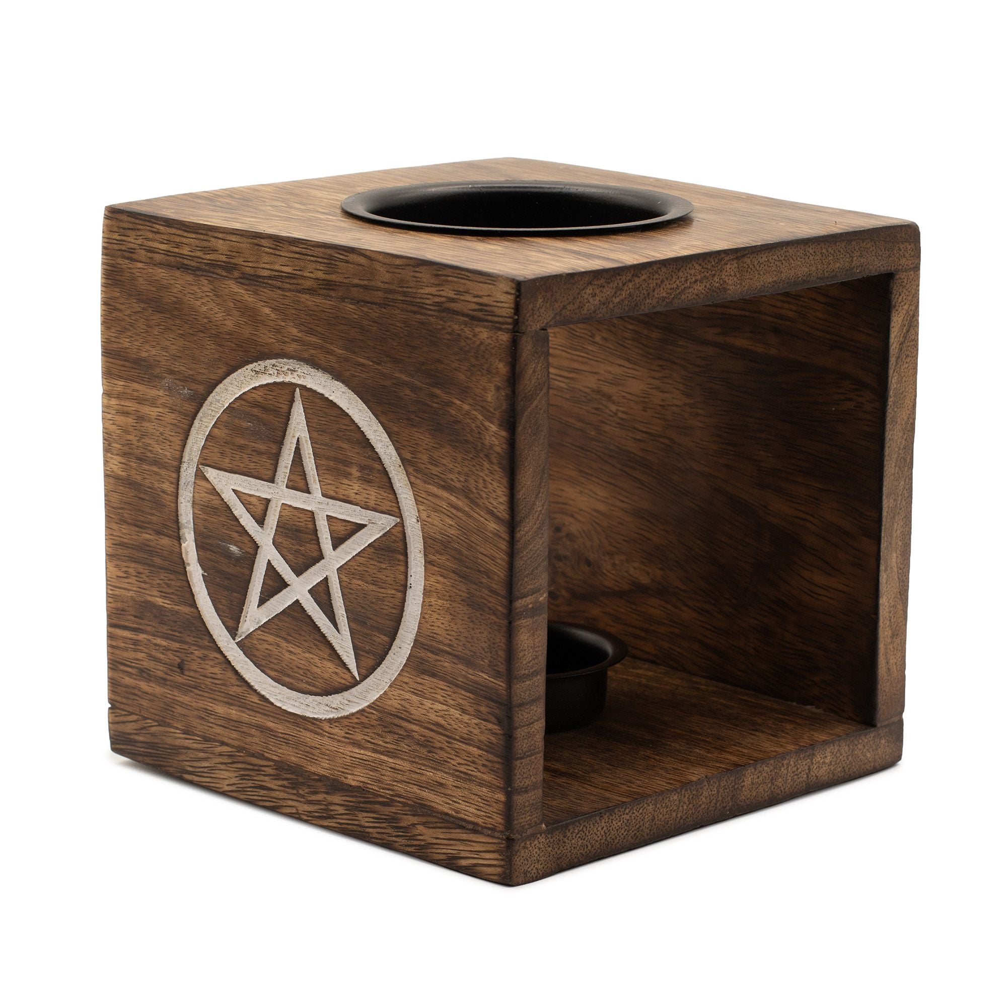 Large Square Mango Wood Oil Burner with Engraved Pentagon – detail view 5