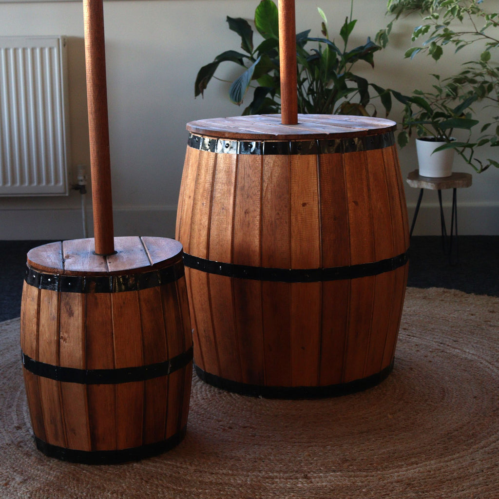 Wooden Beer Barrel Stool & Parasol Stand – Natural Wood Garden Furniture – product view