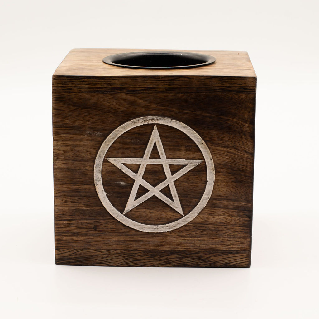 Large Square Mango Wood Oil Burner with Engraved Pentagon – detail view 4
