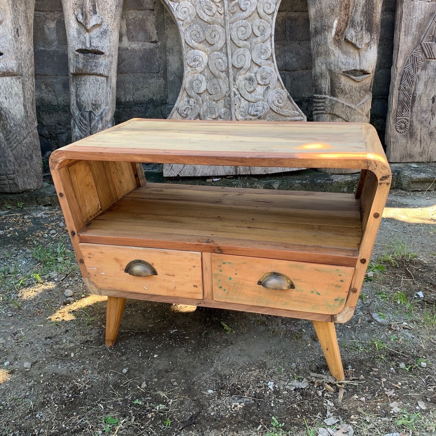 Small Round Reclaimed Wood TV Stand with 2 Drawers – Rustic Media Console – product view