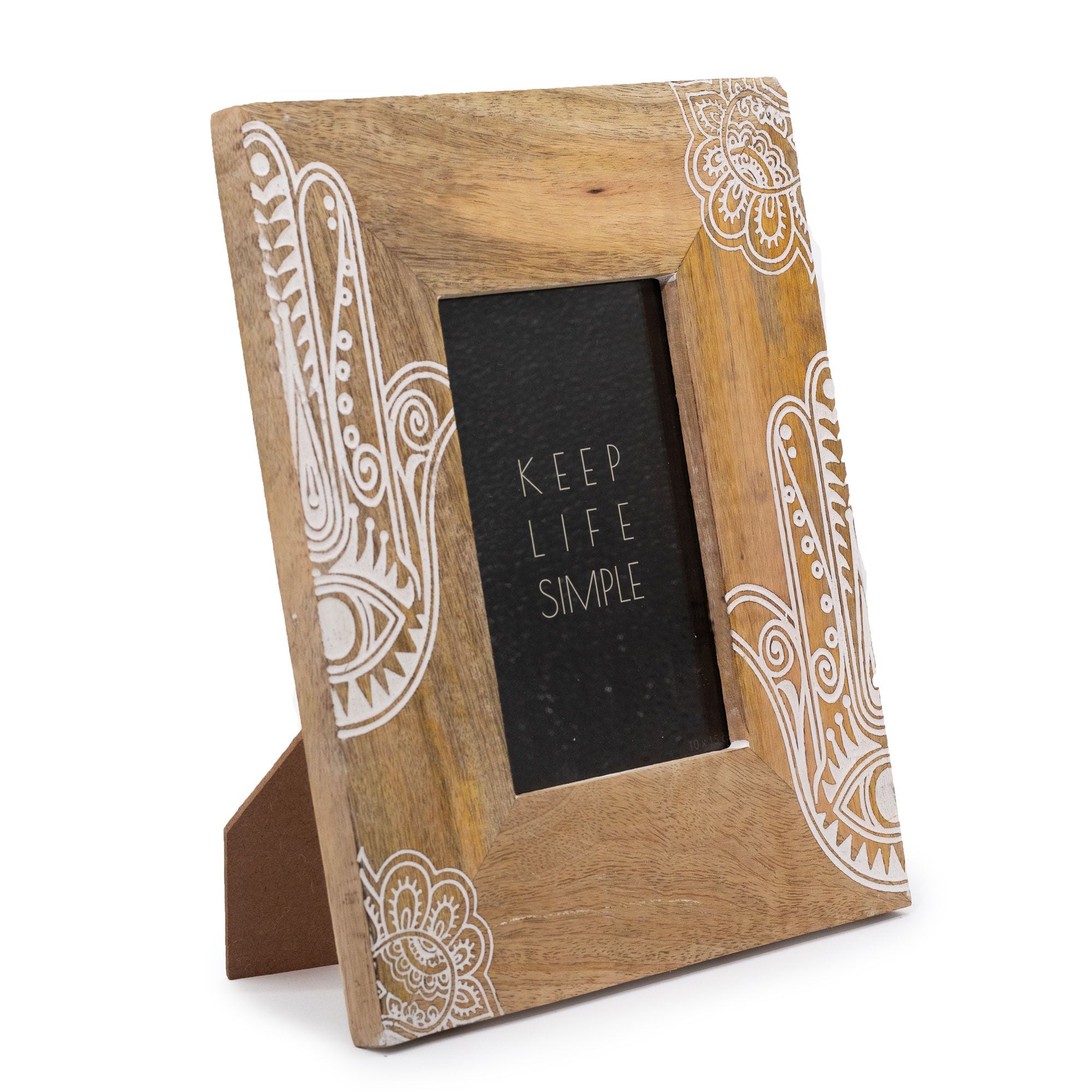 Medium Mango Wood Picture Frame (for 10x15cm) 26x20x2cm – Hamsa – White – front product view of mango wood picture frame