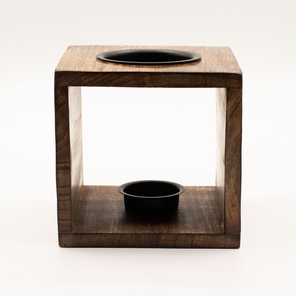 Large Square Mango Wood Oil Burner with Engraved Pentagon – product view