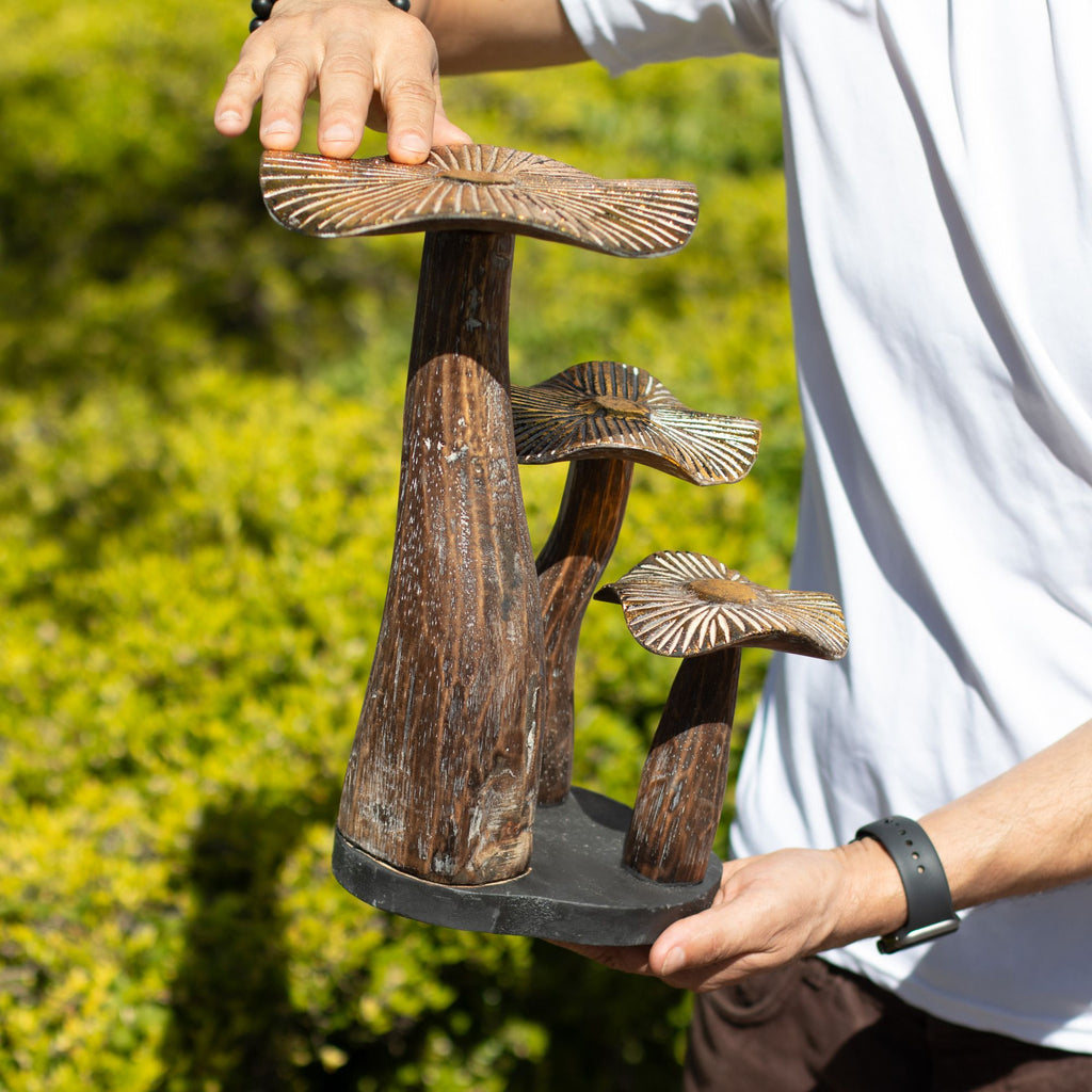 Large Golden Wooden Mushroom Sculpture – 32cm – Natural – detail view 2 of wooden mushroom ornament