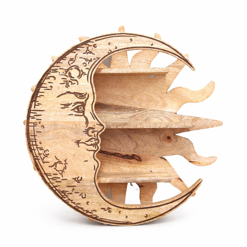 Celestial Sunburst & Moon Phase 3-Tier Wall Shelf – detail view 2 in wood