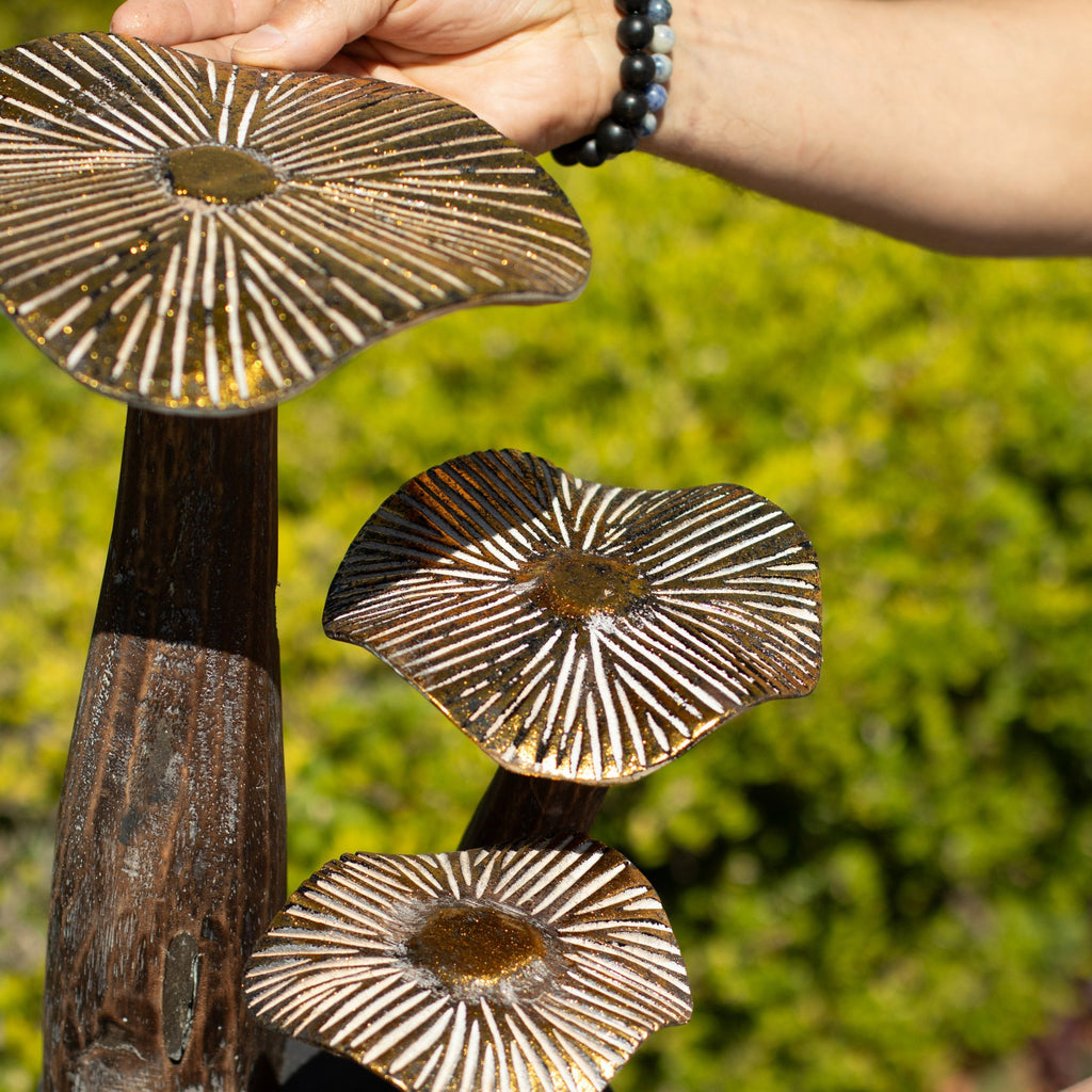 Large Golden Wooden Mushroom Sculpture – 32cm – Natural – detail view 3 of wooden mushroom ornament