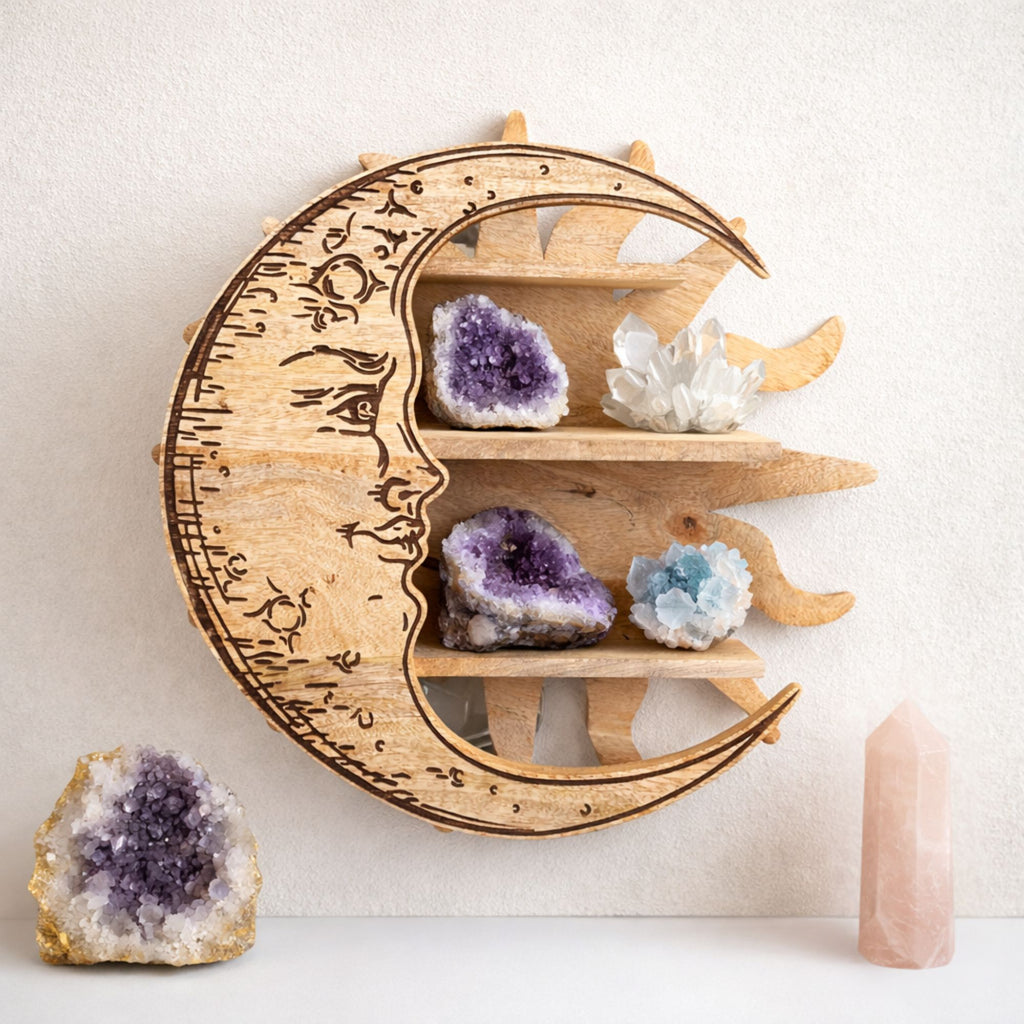 Celestial Sunburst & Moon Phase 3-Tier Wall Shelf – product view in wood