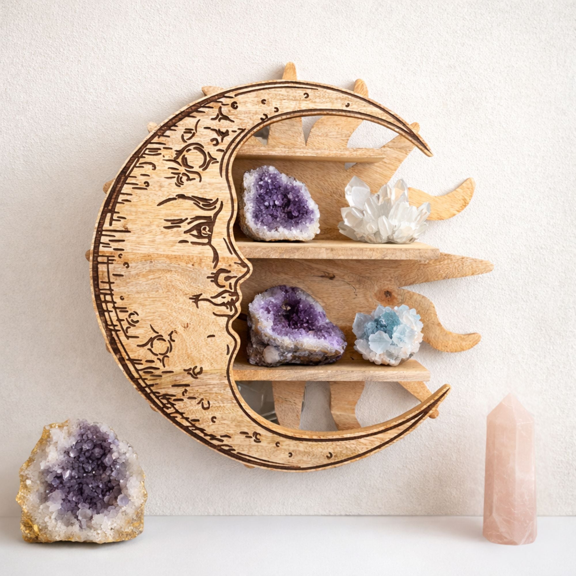 Celestial Sunburst & Moon Phase 3-Tier Wall Shelf – product view in wood