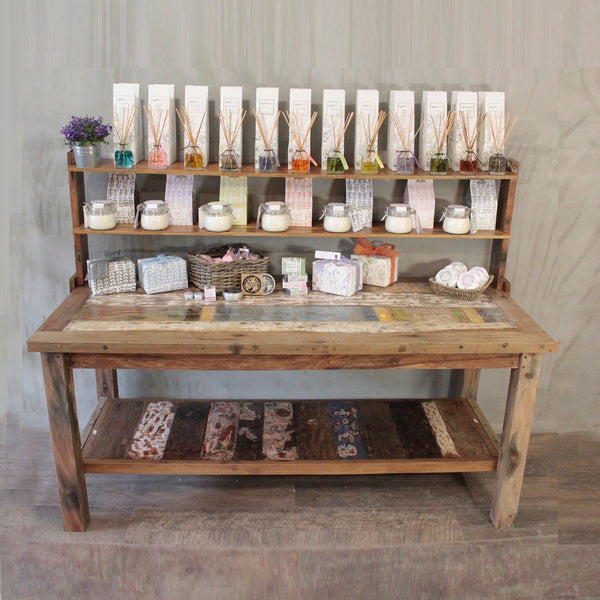 Reclaimed Teak 2.2m Display Table with Top Shelves – front product view of reclaimed wood display furniture