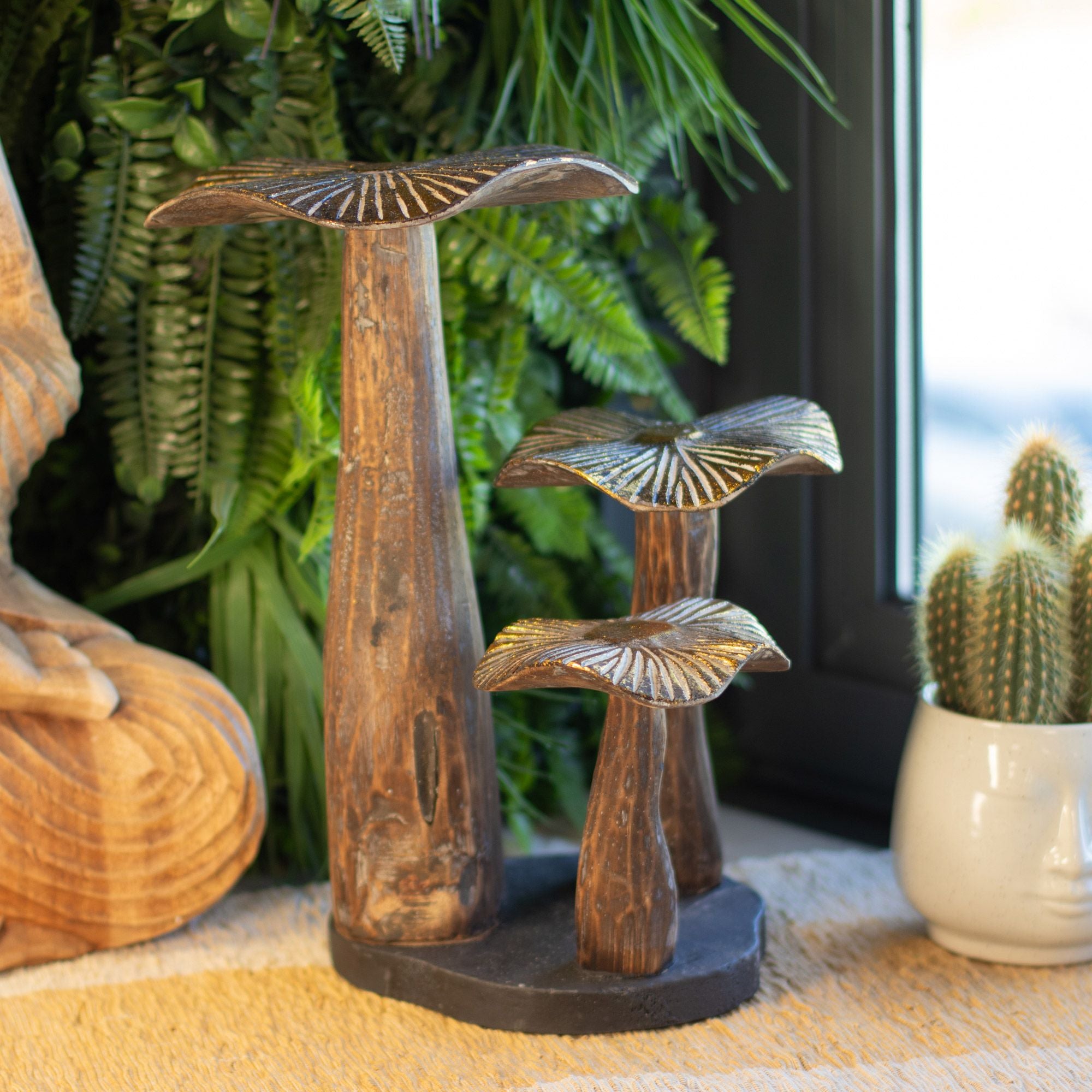 Large Golden Wooden Mushroom Sculpture – 32cm – Natural – detail view 4 of wooden mushroom ornament