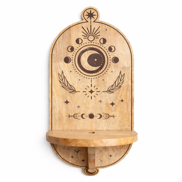 Celestial Tree of Life & Moon Phase Arched Wall Shelf – product view in wood