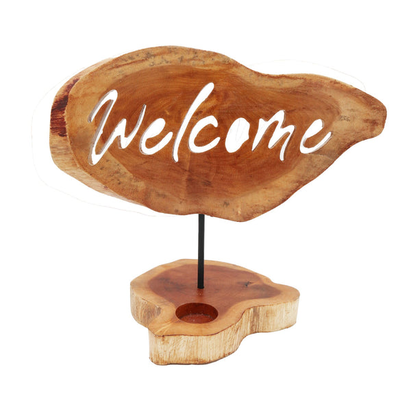 Candle Holder Sign – Welcome – front product view of wooden candle holder