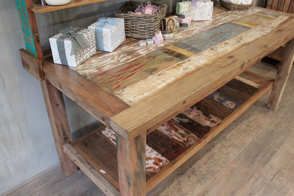 Reclaimed Teak 1.8m Display Table with Top Shelves – detail view 4 of reclaimed wood display furniture