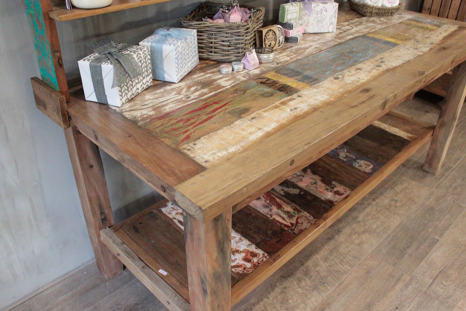 Reclaimed Teak 1.8m Display Table with Top Shelves – detail view 4 of reclaimed wood display furniture