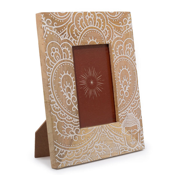Medium Mango Wood Picture Frame (for 10x15cm) 26x20x2cm – Buddha – White – front product view of mango wood picture frame