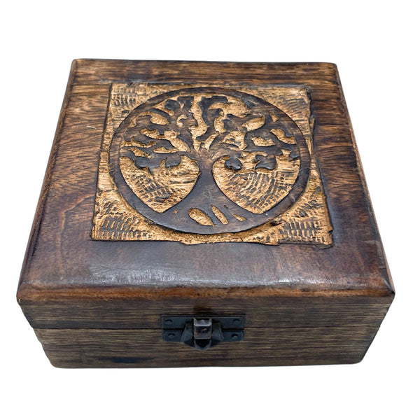 Square Wooden Keepsake Box 13x13x6cm – Tree of Life – front product view of carved wooden keepsake box