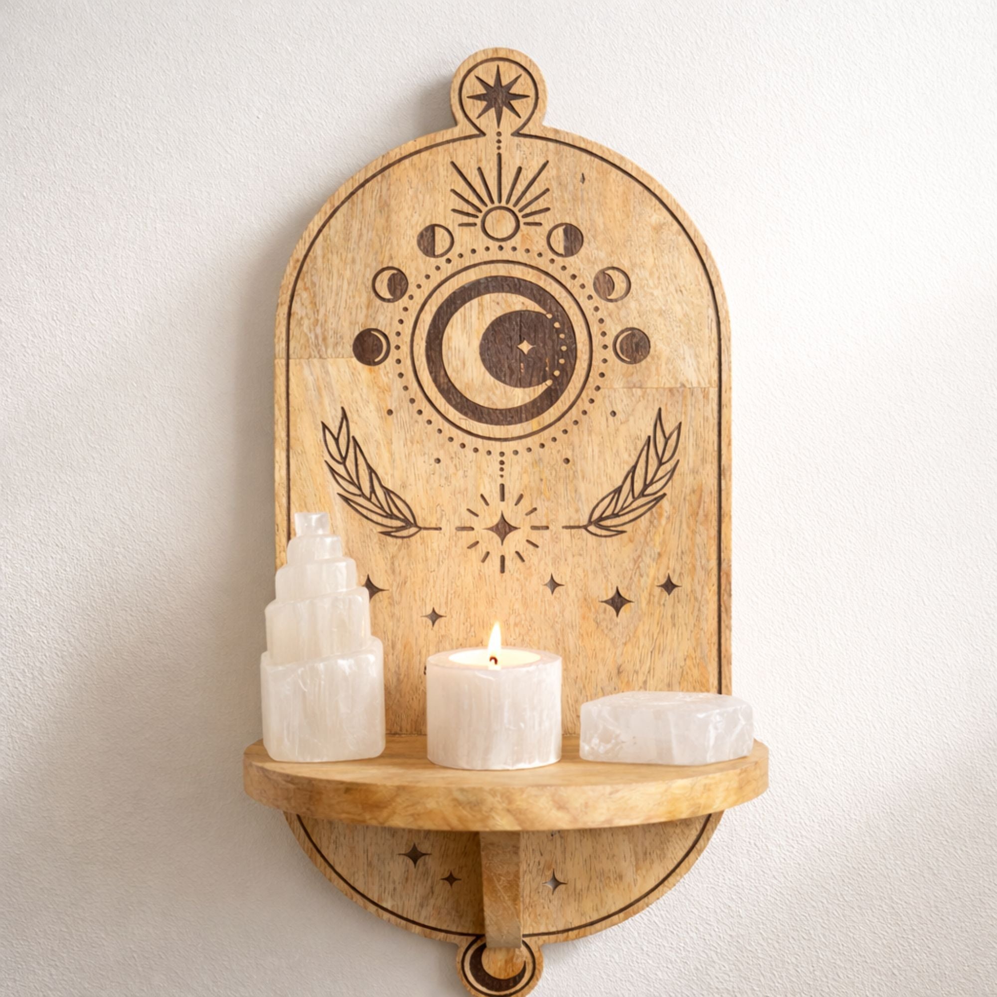 Celestial Tree of Life & Moon Phase Arched Wall Shelf – detail view 3 in wood